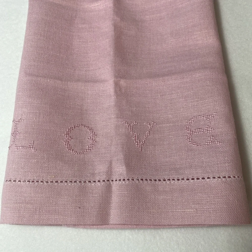 Williams Sonoma Pink Embroidered‎ LOVE Hemstitched Dish Tea Towel Linen Decor